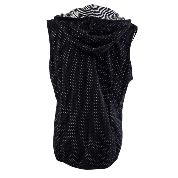 Chico's Weekends Black White Reversible Polka Dot Stripe Hooded Vest Pockets - Picture 2 of 11